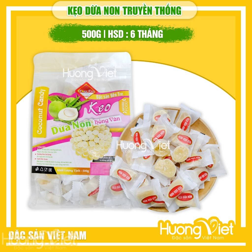 Kẹo dừa non NGUYÊN CHẤT cuộn bánh tráng Hồng Vân gói 500g