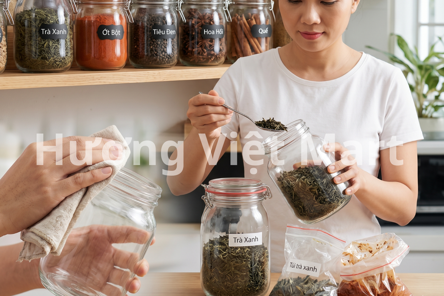 Rửa và lau khô hoàn toàn hũ trước khi cho gia vị vào, chỉ một chút hơi nước cũng khiến gia vị vón cục.