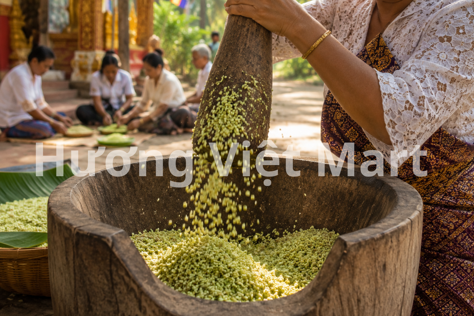 Cốm dẹp của người Khmer Nam Bộ được làm từ nếp non xanh giã thủ công, ăn cùng dừa nạo và đường thốt nốt.
