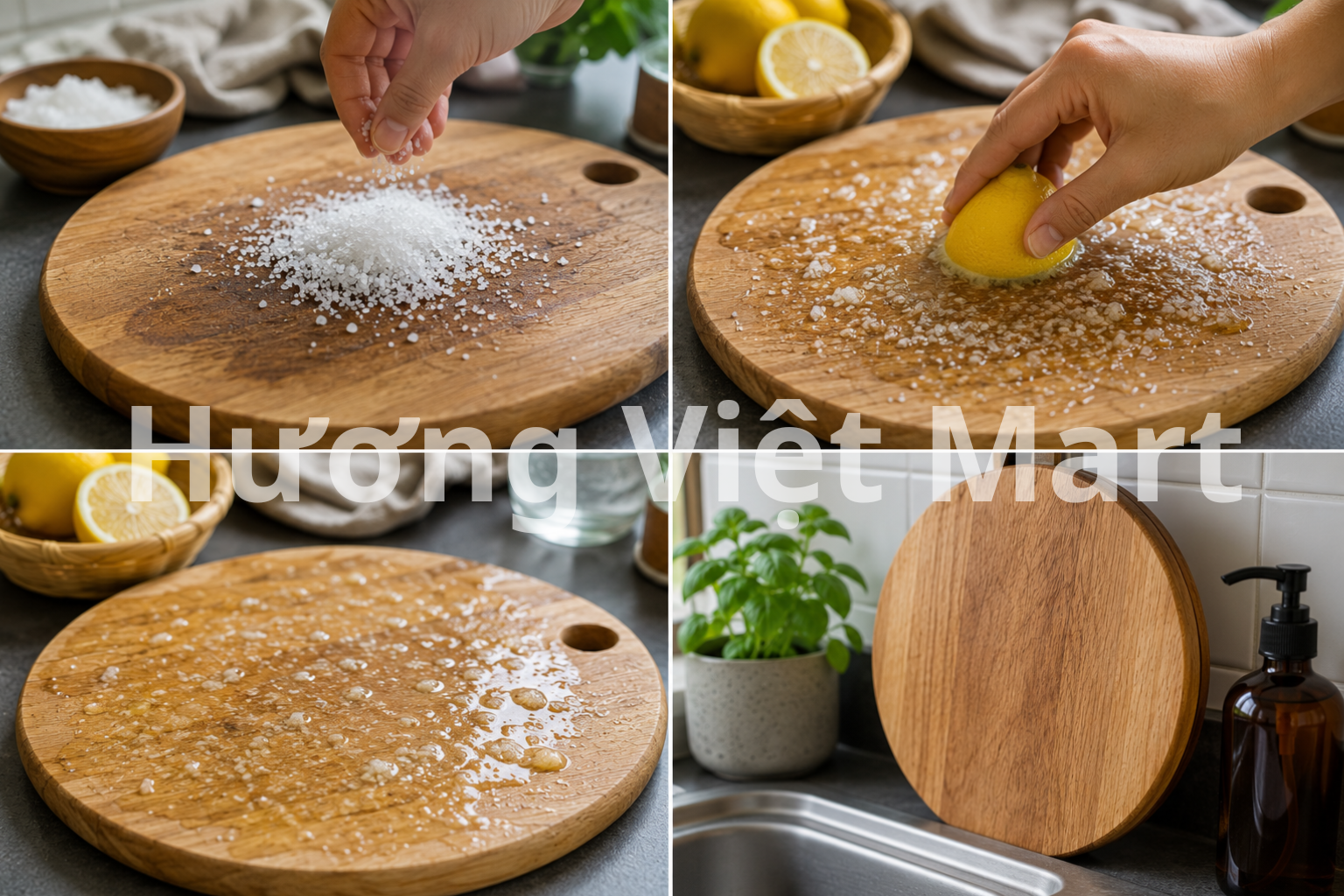 Cách này phù hợp với thớt gỗ và thớt tre. Không dùng cho thớt nhựa vì axit có thể làm nhựa bị mờ theo thời gian. Với thớt nhựa, thay bằng nước chanh pha loãng + baking soda.
