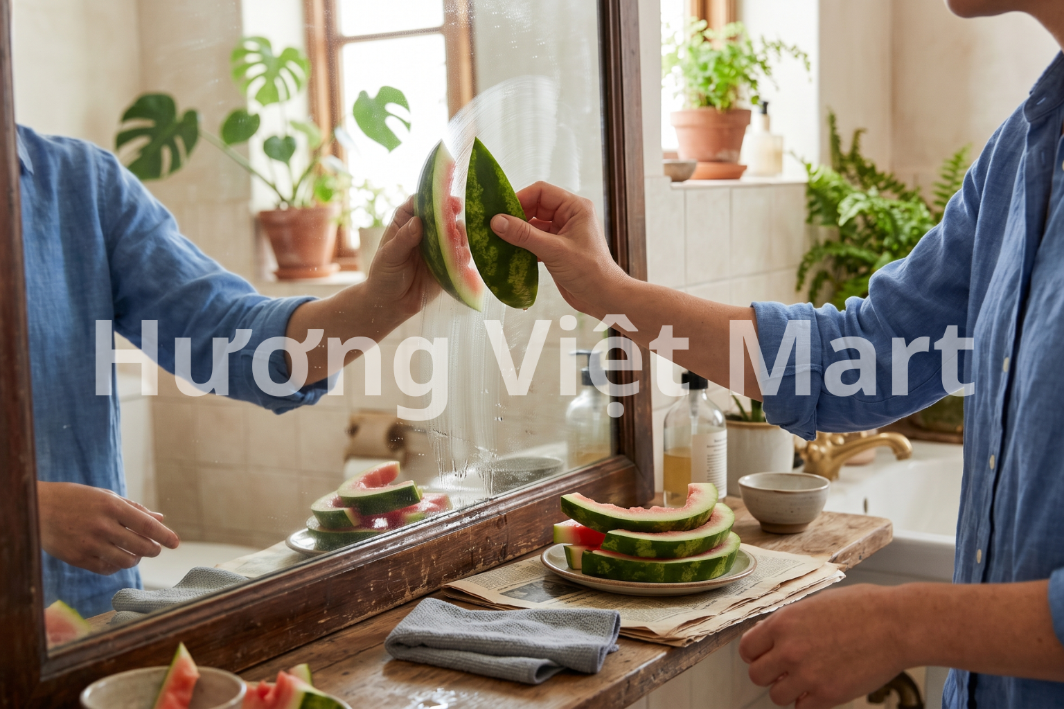 Kết hợp vỏ trái cây dưa hấu + vài giọt giấm trắng pha loãng để tăng khả năng khử vết ố canxi trên vòi nước inox. Không dùng cho bề mặt đá hoa cương — axit nhẹ có thể ảnh hưởng đến lớp phủ đá.