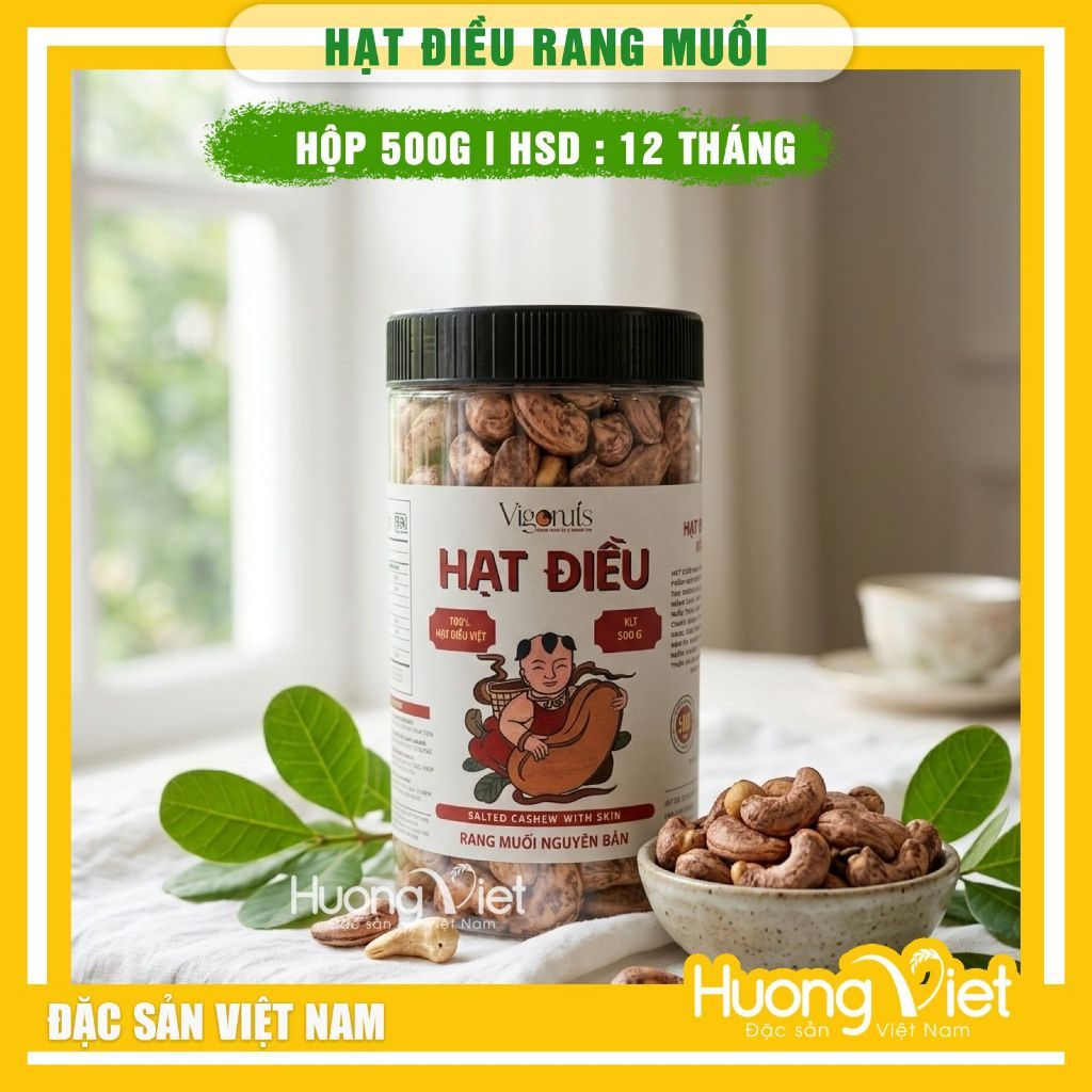 Hạt điều nguyên vỏ lụa rang muối Vigonuts - Hũ 500g