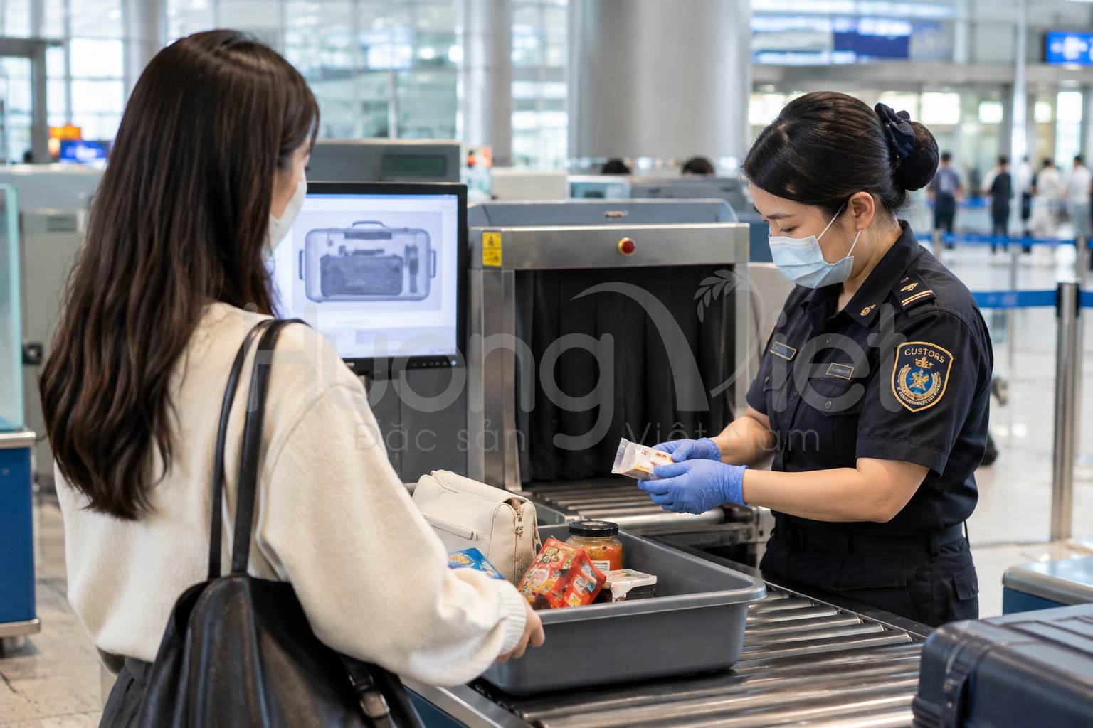 Các đồ vật, thức ăn đều phải qua máy chiếu của hải quan Sân bay. Chó nghiệp vụ sẽ đánh hơi những sản phẩm có chứa thịt, hoặc trứng.