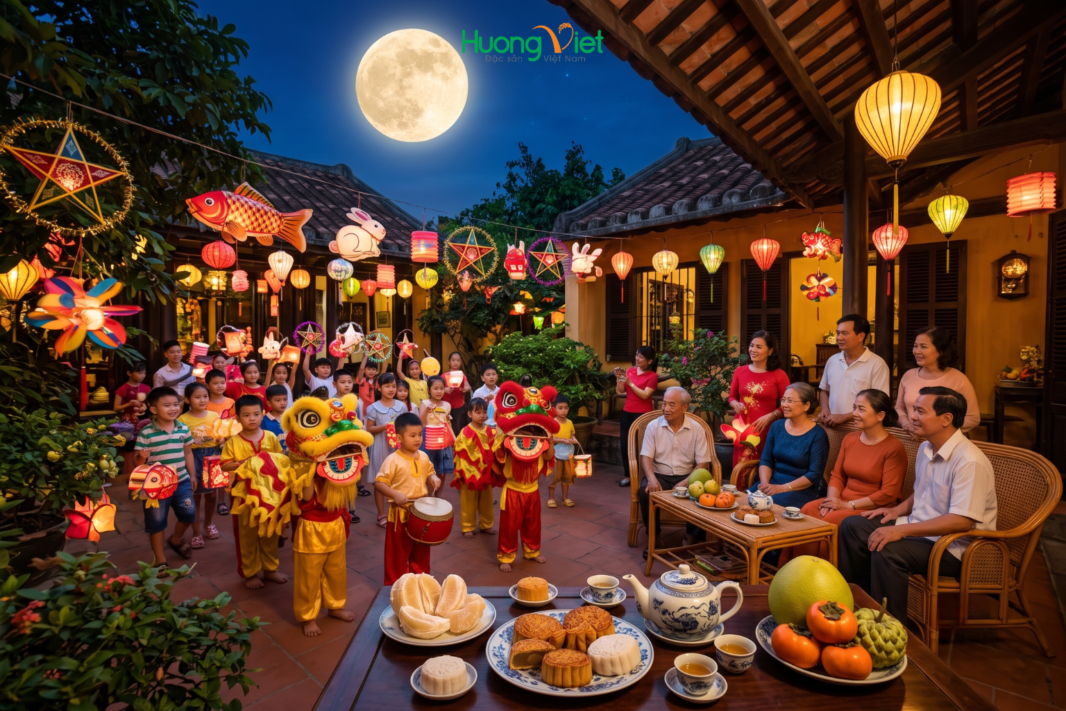 Dưới ánh trăng rằm sáng tỏ, cả gia đình ba thế hệ quây quần bên mâm cỗ đêm rằm. Đây chính là nét đẹp trọn vẹn nhất của Tết Đoàn viên Việt Nam.