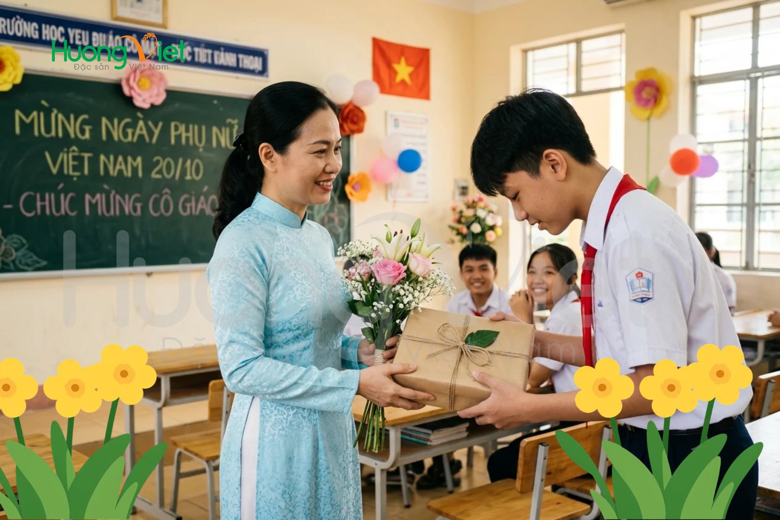 Vào ngày 20/10, các học sinh Nam sẽ cử đại diện tặng quà cho cô giáo kèm lời chúc đầy ý nghĩa
